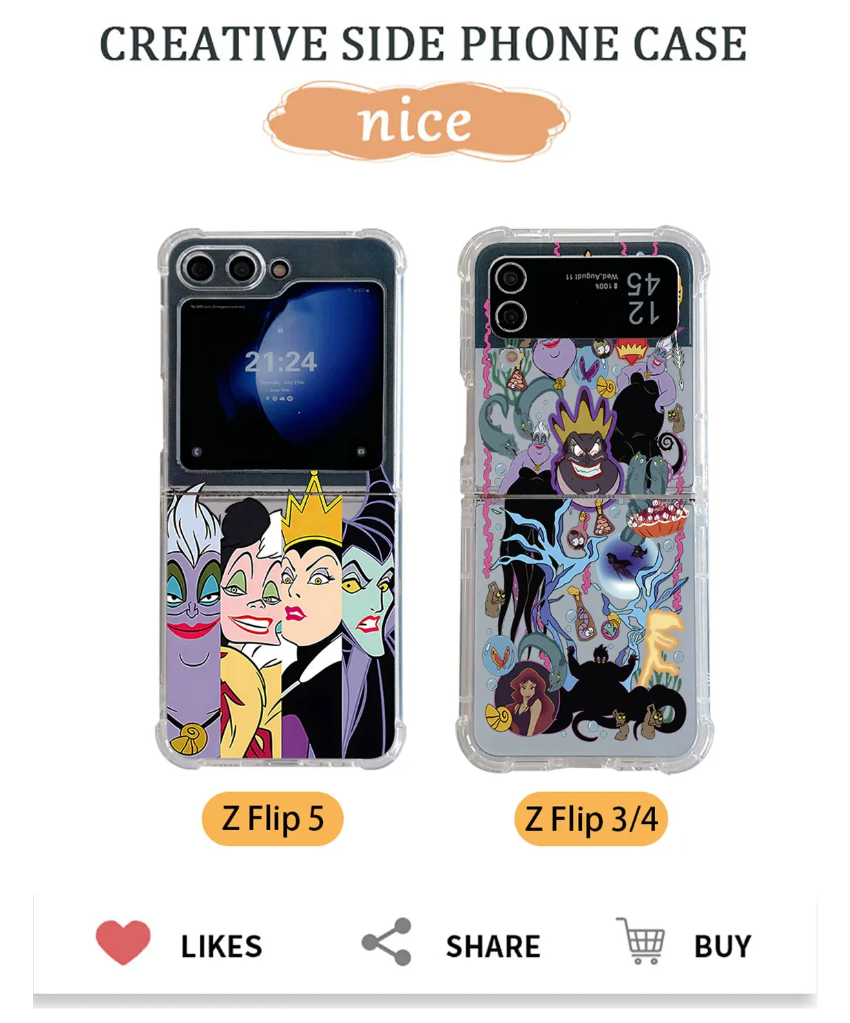 Disney Evil Villains Queen Phone Case for Samsung Galaxy Z Flip 3 4 Z Flip 5 Z Fold 4 5G PC Soft Anti-fall Back Cover