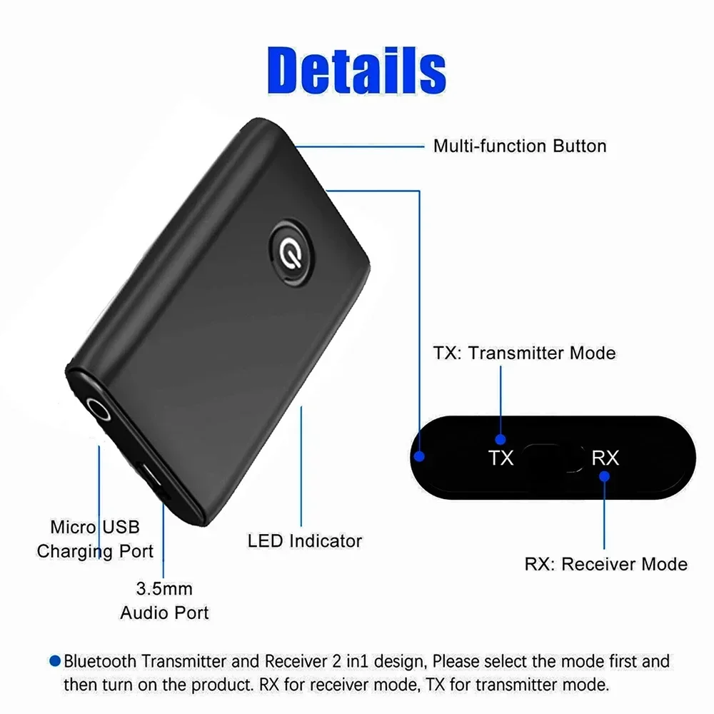 2 in 1 Wireless Bluetooth 5.0 Transmitter Receiver Chargable Audio Adapter For TV PC Car Speaker 3.5mm AUX Hifi Music