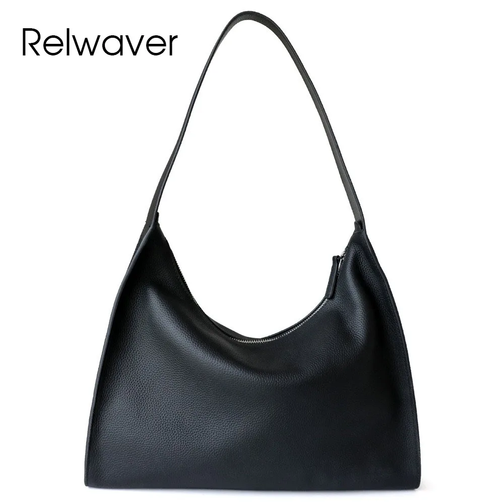 Relwaver women shoulder bag genuine leather hobos big size women bag 2024 winter white black grey soft chic women handbags