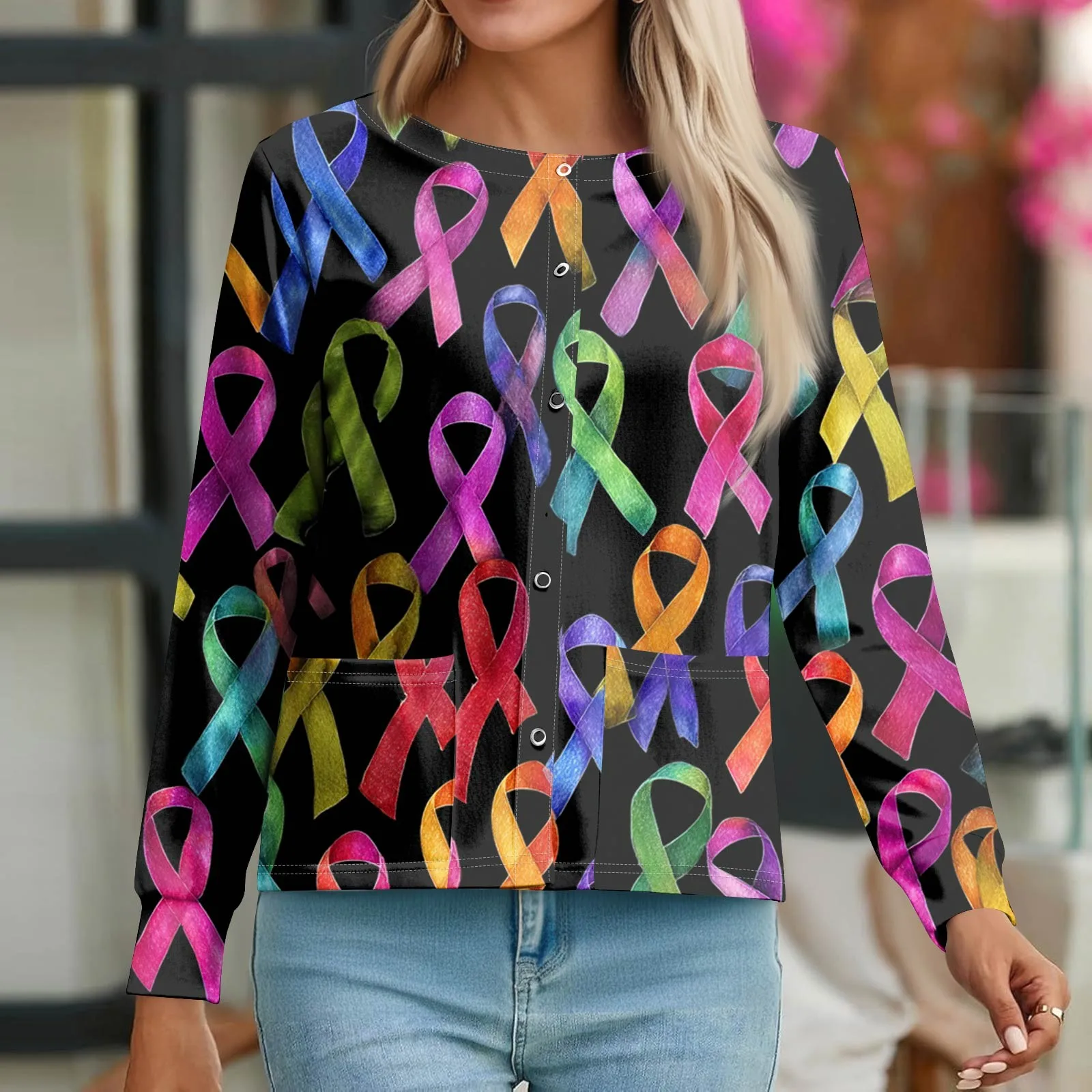 

Женские куртки с принтом, топы, удобные однобортные топы с длинными рукавами и круглым воротником для медсестер, повседневная свободная рабочая униформа, куртки, топы