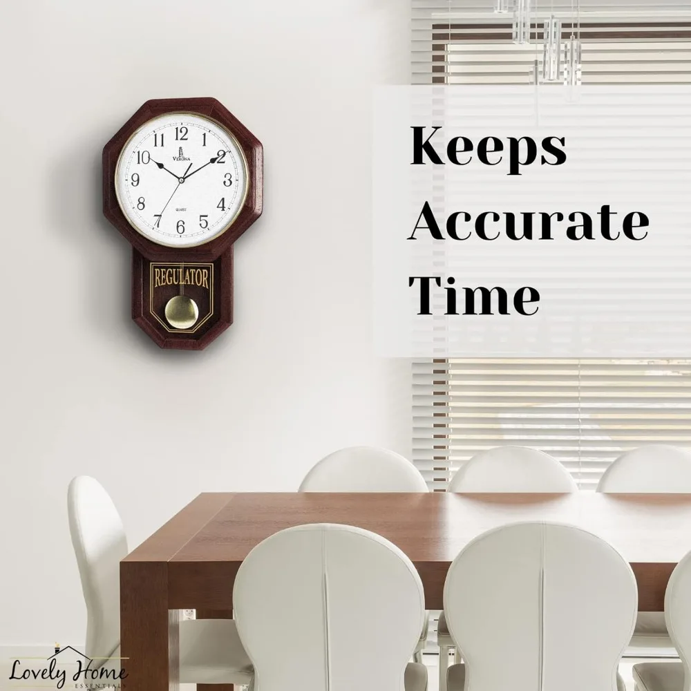 ساعة حائط البندول الخشبية - ساعة صامتة على طراز المدرسة تعمل بالبطارية - ديكور وغير مدخن