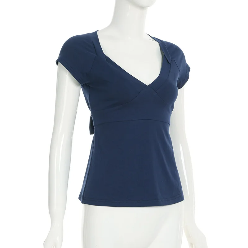 

Strap design T-shirt for women with exposed waist and short top, ins trendy slimming versatile base shirt, V-neck