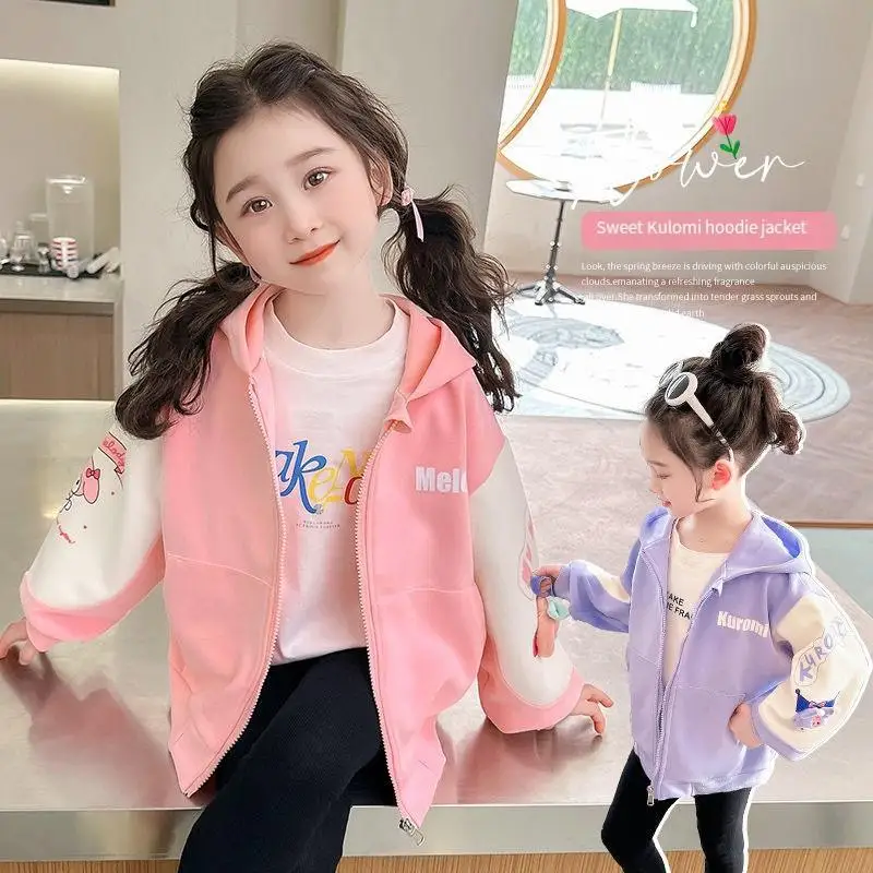 Sanrio Child Vitality Coat Spring Autumn Girl Baby Sweet Kuromi My Melody Hooded Hoodie Cardigan Fashion Simple Cartoon Jacket