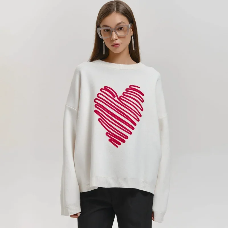

Cross-border foreign trade red heart sweater Europe and America2025Autumn New Line Heart Sweater Round Neck Pullover Sweater