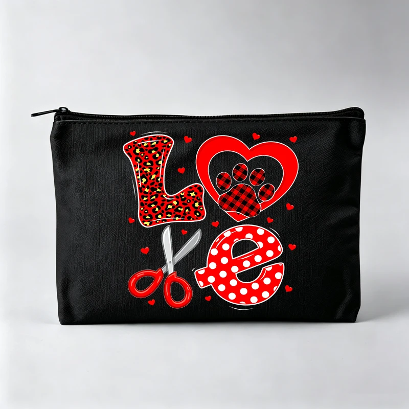 Women's Heart and Scissors Print Makeup Bag, Fashion Cosmetic Pouch for Daily Use