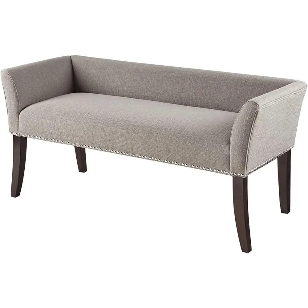 Upholstered Tufted Entryway Accent Bench w/ Back,Nailhead Trim & Padded Seat Mid-Century Modern Fabric Ottoman,Blue/Tan/Grey