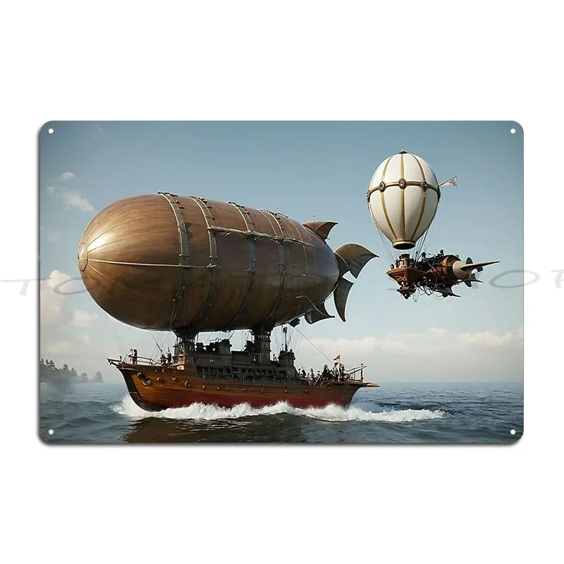Steampunk Wooden Airship Sailing The Ocean Metal Sign Classic Funny Bar Club Design Tin Sign Poster