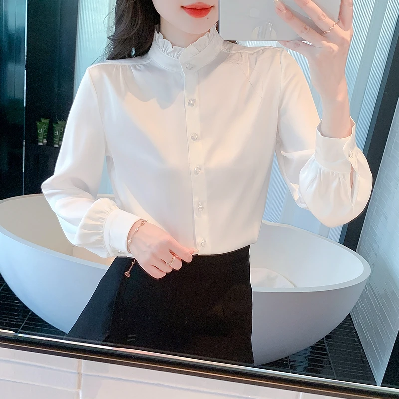 Fashion Stand Collar White Chiffon Women Blouse Shirt Tops Blusas Mujer De Moda 2024 Long Sleeve Blouse Women Shirt Blusa H540