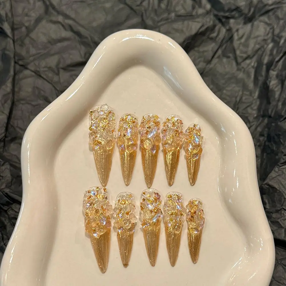 10Pcs Golden French Fake Nails Long Stiletto Handmade Press On False Nails With Rhinestone Wearable Almond Full Cover Nail Tips