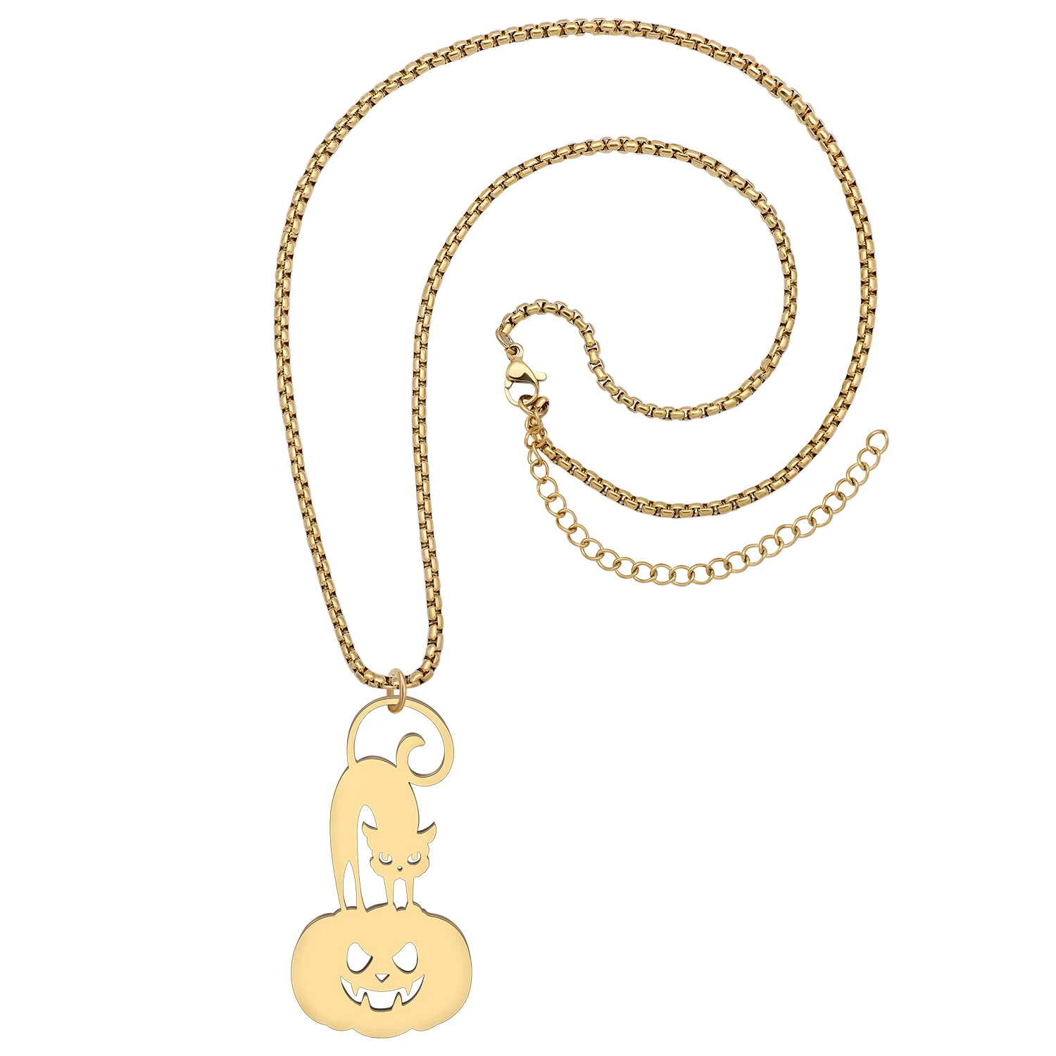 Bonsny Stainless Steel Halloween Spooky Cat Pumpkin Necklace Silver Plated Gold Kitten Pendant Jewelry For Women Girls Gift