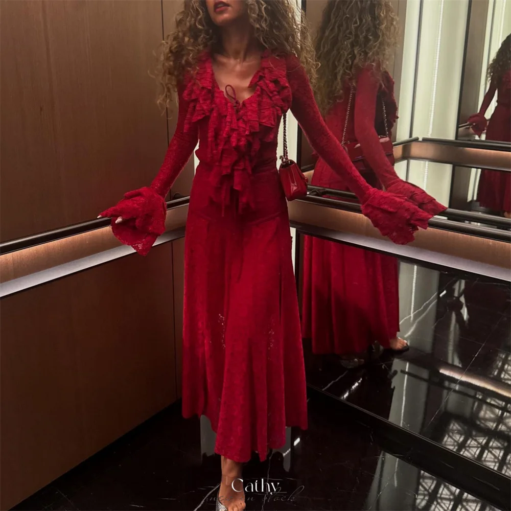 

Cathy Customized Burgundy V-Neck Floral Print Prom Dresses Draped Long Sleeve vestidos de noiva Ankle-Length Evening Dress 2025