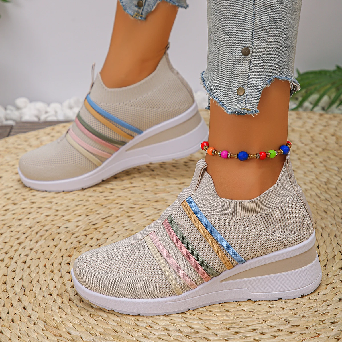 الملونة حزام المرأة شبكة أحذية تنفس محبوك أحذية رياضية مسطحة النساء ربيع الخريف أحذية رياضية شبكة الانزلاق على حذاء كاجوال امرأة