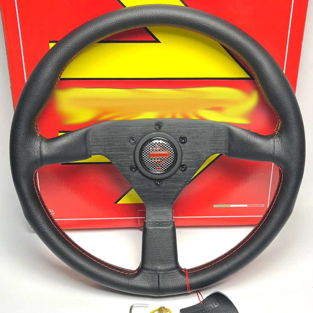 

14inch/350mm For momo Italy Black Genuine Leather Drift Sport Steering Wheel red line Flat modified steering wheel