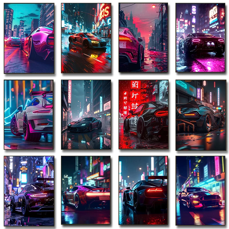 Alta tecnologia super carro cartaz de luxo carro led esportes corridas néon lit cidade imprime pintura em tela imagem parede casa quarto do homem deco