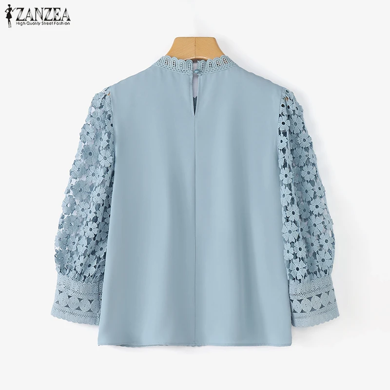 ZANZEA Blus Renda Elegan Wanita Atasan Tunik Warna Polos Lengan Puff 3/4 Kemeja Wanita Kantor Kasual Tembus Pandang Leher-o Musim Panas 2026