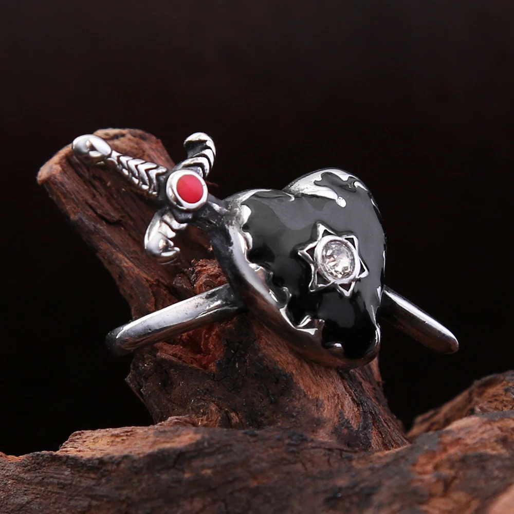 Gothic Vintage Arrow Through Black Heart Ring With Stone 316L Stainless Steel Fashion Creative Couple Jewelry Gifts Dropshipping