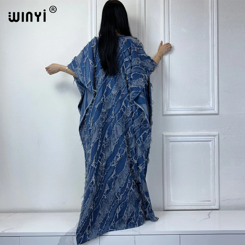 WINYI Kimono Sleeveless denim long down pocket Women coat elegant Party Holiday beach Cover Up fashion maxi dress