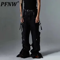 PFNW Autumn Men's Denim Pants Metal Button Ribbon Bottom Zipper Design Big Pockets Overall Worn-out Wide Leg Male Jeans 12C455