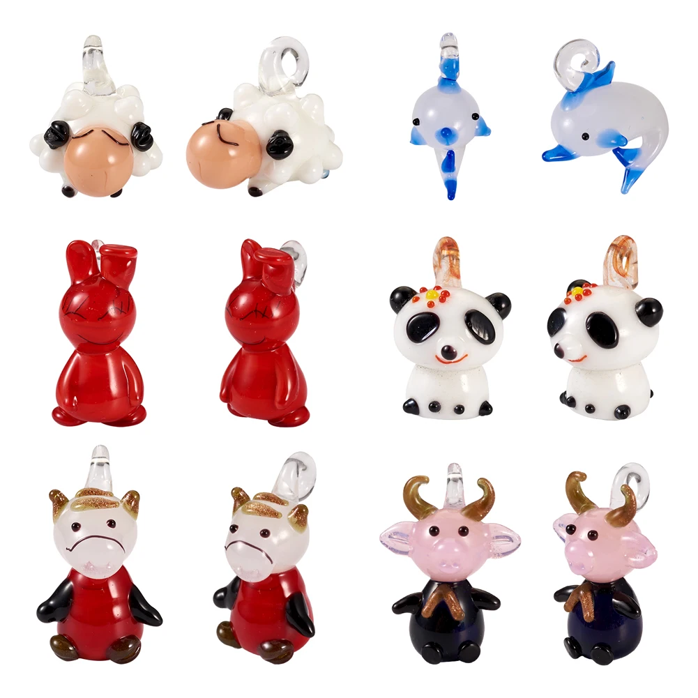 

12Pcs 3D Animal Lampwork Charm Rabbit Dolphin Sheep Cattle Panda Handmade Pendants for Cute Bracelet Earrings DIY Jewelry Making