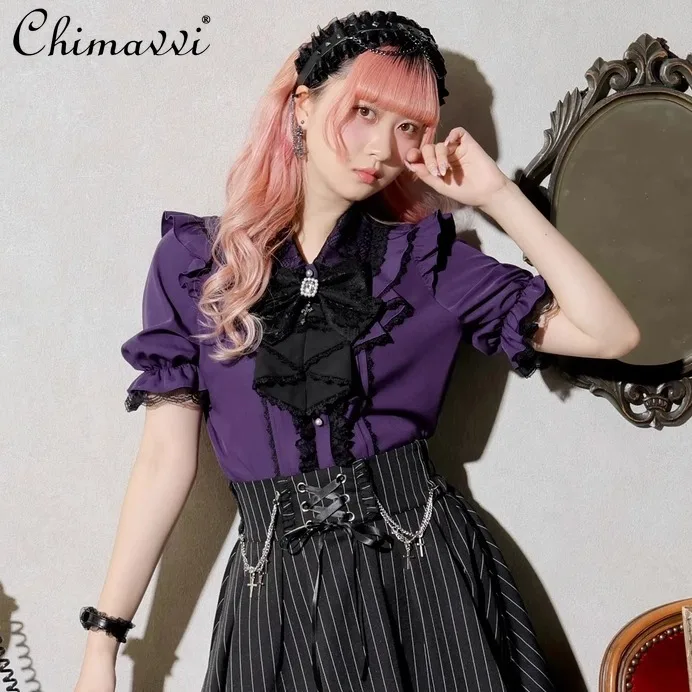 

Ladies Mine Sweet Lace Cute Split Bow Short Sleeve Top Shirt 2025 Summer New Lolita Y2k Shirt Elegant Blouse Women Camisas