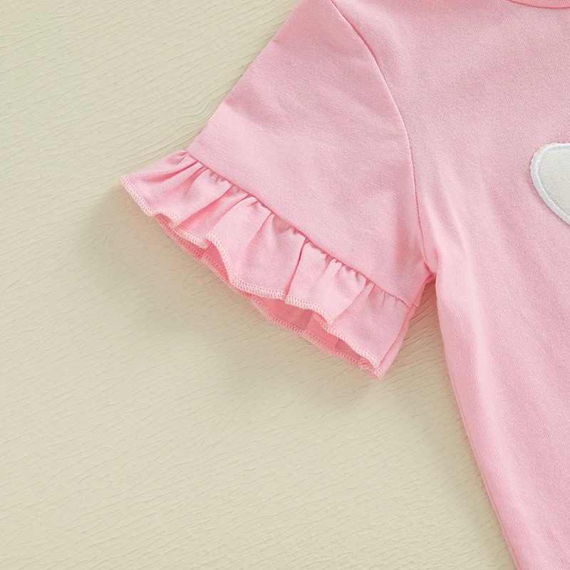 أطقم ملابس قصيرة الأكمام مطرزة على شكل أرنب للفتيات الصغيرات لعيد الفصح مكونة من قطعتين