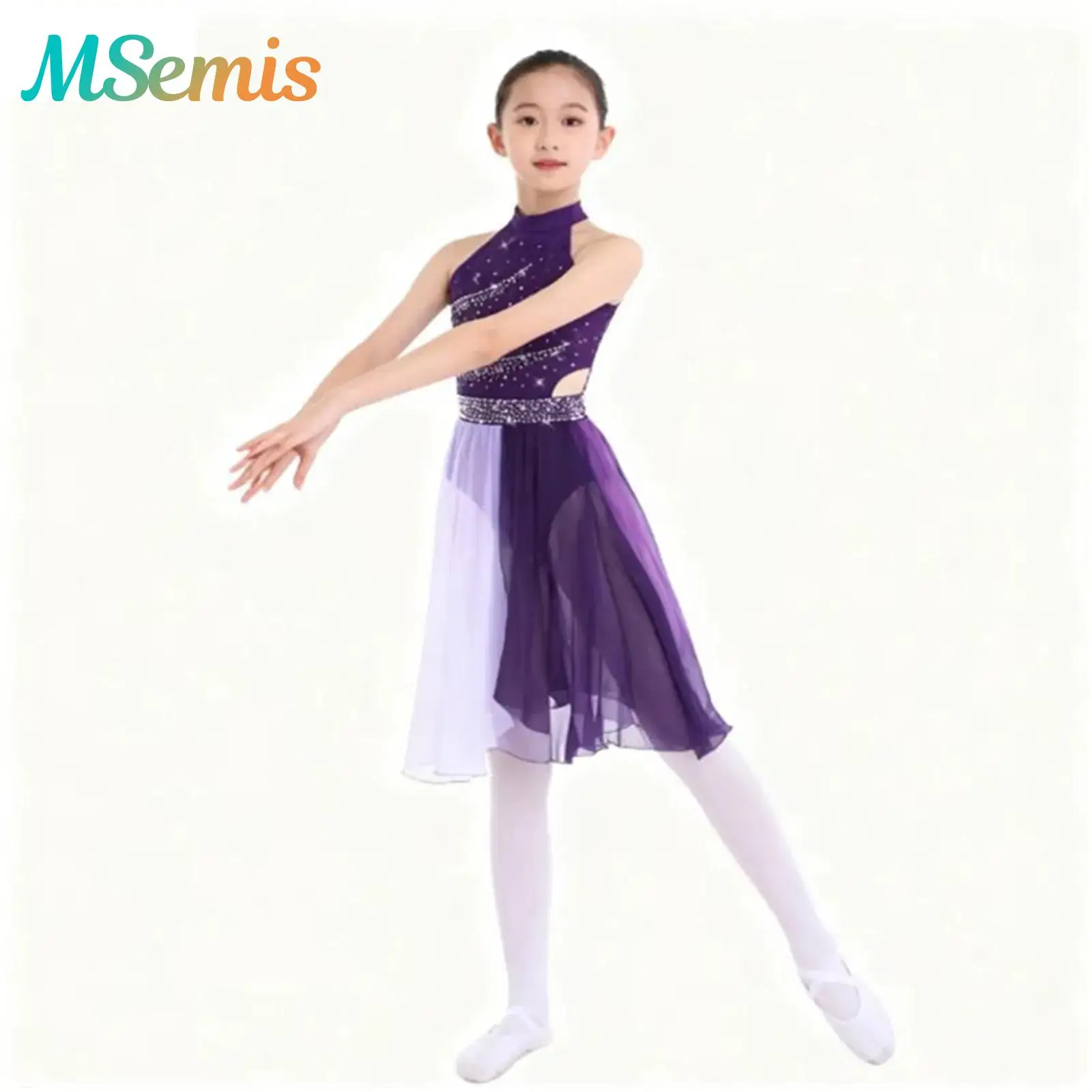 Strój gimnastyczny dla dziewcząt, kostium do łyżwiarstwa figurowego, błyszczące dżety, sukienka z rozcięciem z boku, odzież do tańca lirycznego, nowoczesnego i współczesnego.