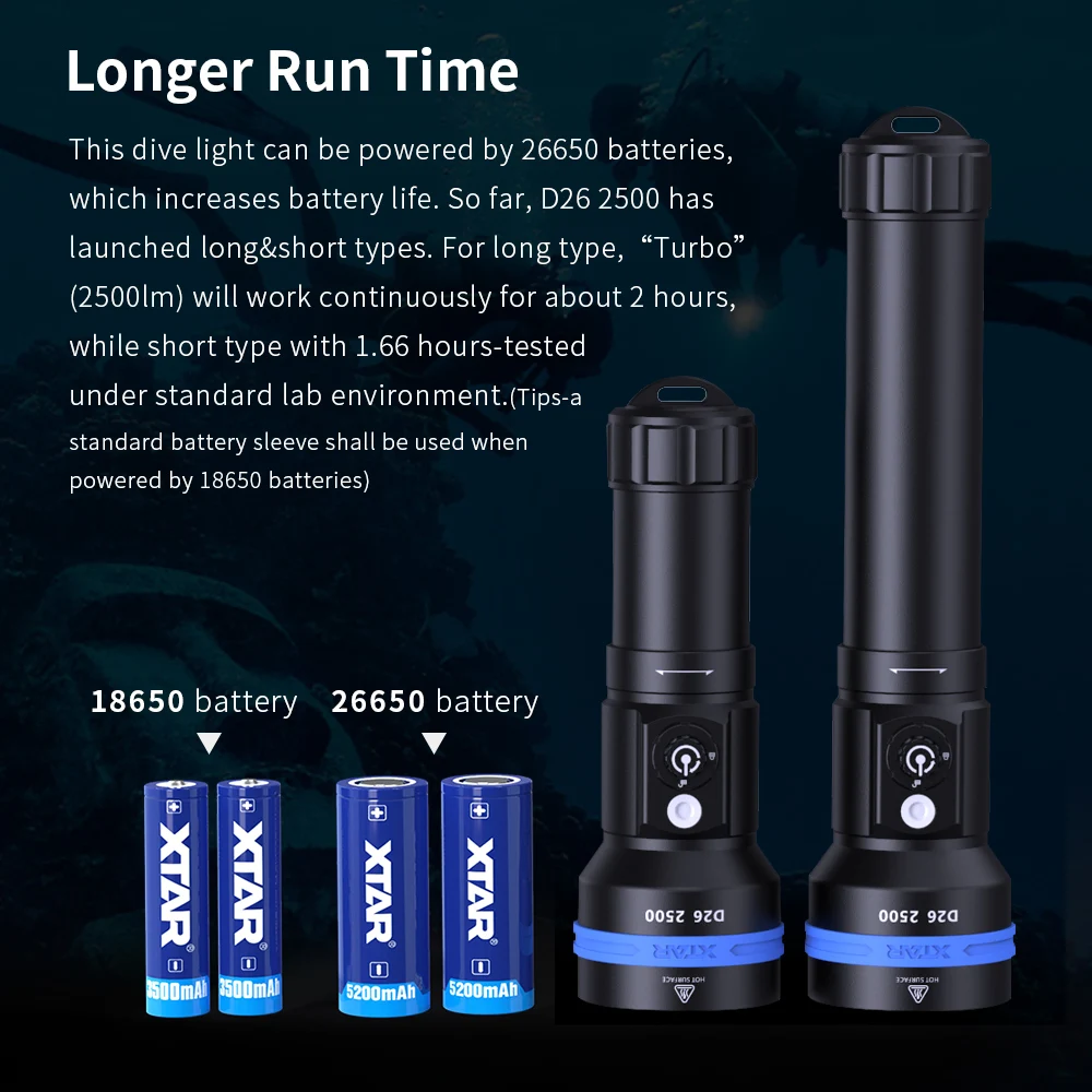 XTAR D26 2500 Diving Flashlight LED Powerful Lantern IPX8 Waterproof Scuba Diver Lamp Torch USE 26650 18650 Battery Flash Light