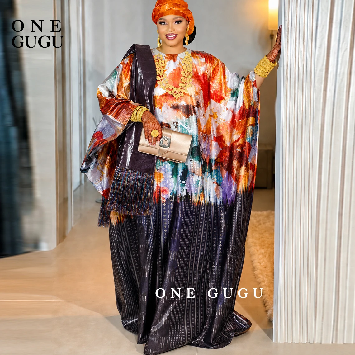 Tie-Dye Print Basin Dress With Shawl and Scarf Nigerian Origianl Printing Bazin Riche Dashiki Wedding Party Boubou Long Robe