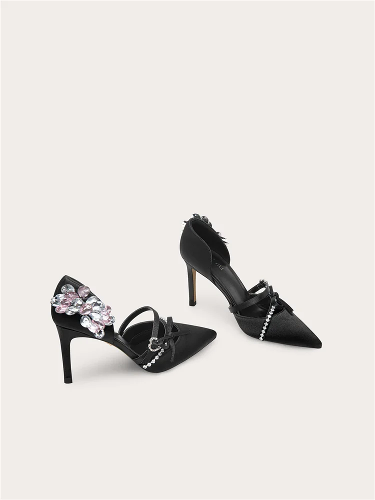 Autumn and Summer New Pointed Silk Bow Crystal Sandals Banquet Large Size Small Size Widening High Heels Diamond Women's Shoes