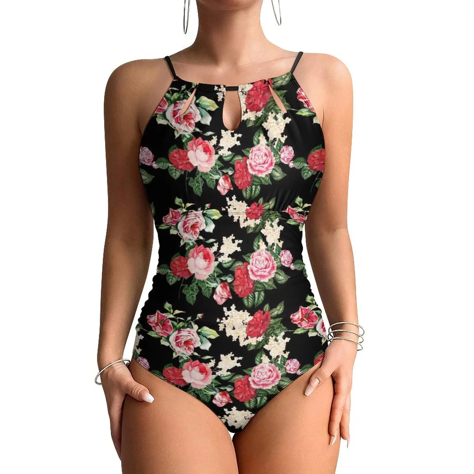 

Retro Flower Print Swimsuit Sexy Rose Leaf One Piece Swimwear Push Up Bodysuit Trend Surfing Beachwear