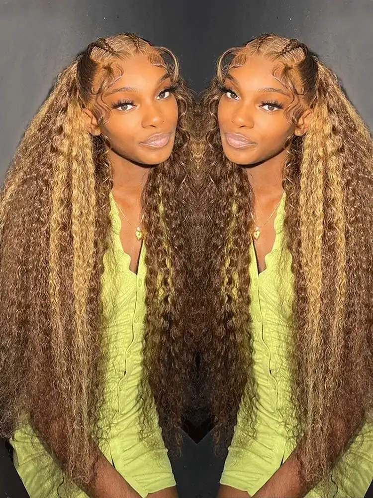 HD 13X4 Highlight Wig Human Hair Brown Lace Front Wig Honey Blonde Colored Curly Human Hair Wigs Deep Wave Lace Frontal Wig