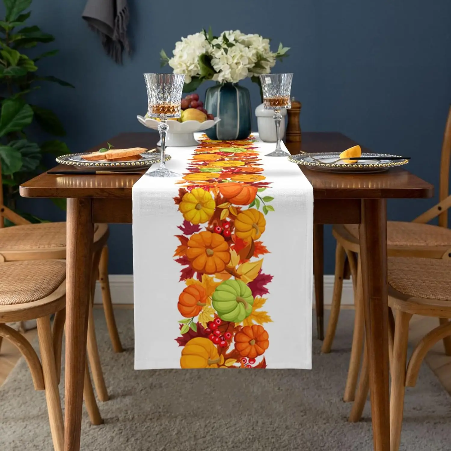 Thanksgiving Pumpkin Maple Leaf Fruit Linen Table Runner Dresser Scarf Decor Durable Kitchen Dining Table Runners Party Supplies