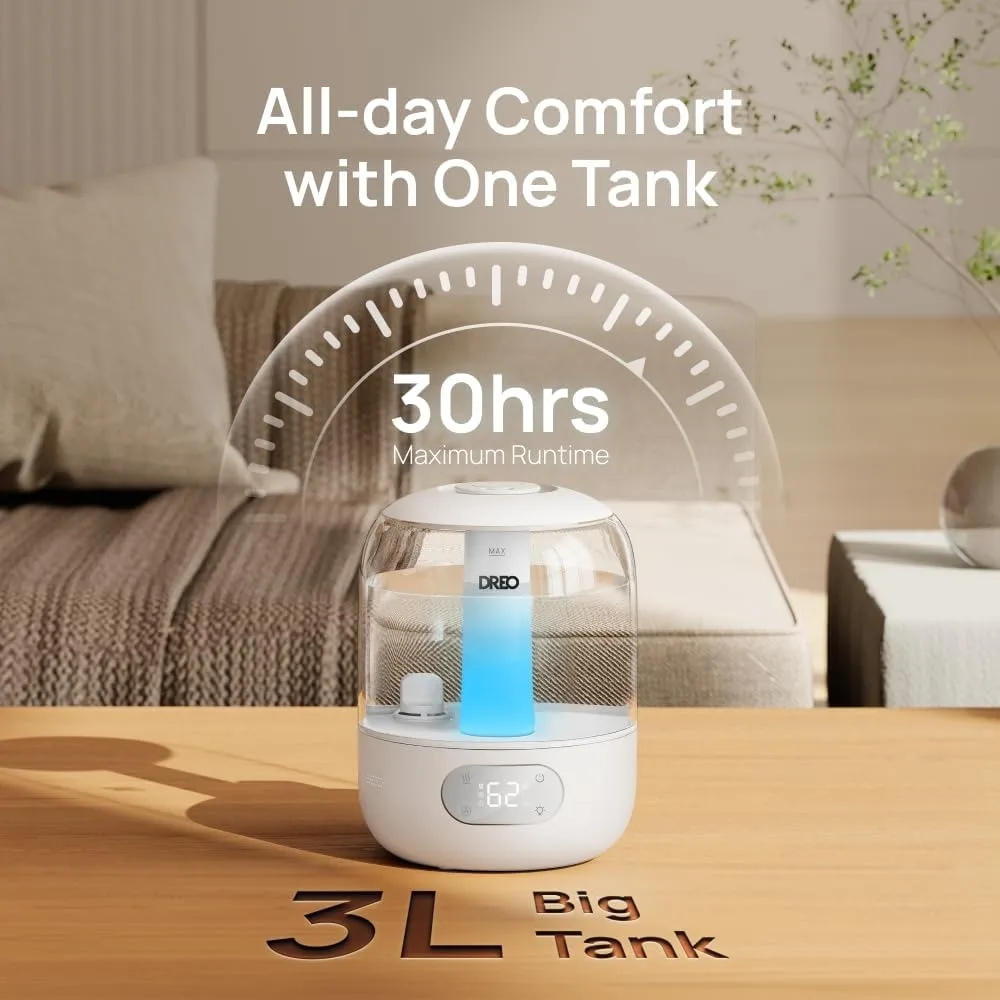 Cool Mist Ultrasonic Humidifier with Easy Top Fill & Clean, 30H & Quiet Runtime, Humidity Sensor, Night Light for Baby, Plants
