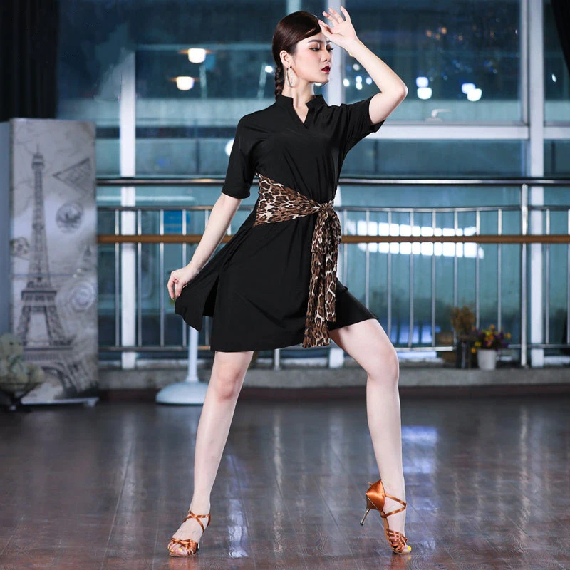 Fashion Line Dance Clothing Women Women's Dress Splicing Stand Collar Leopard Print Latin Dance Suit Show Wear Costume Skirt Use