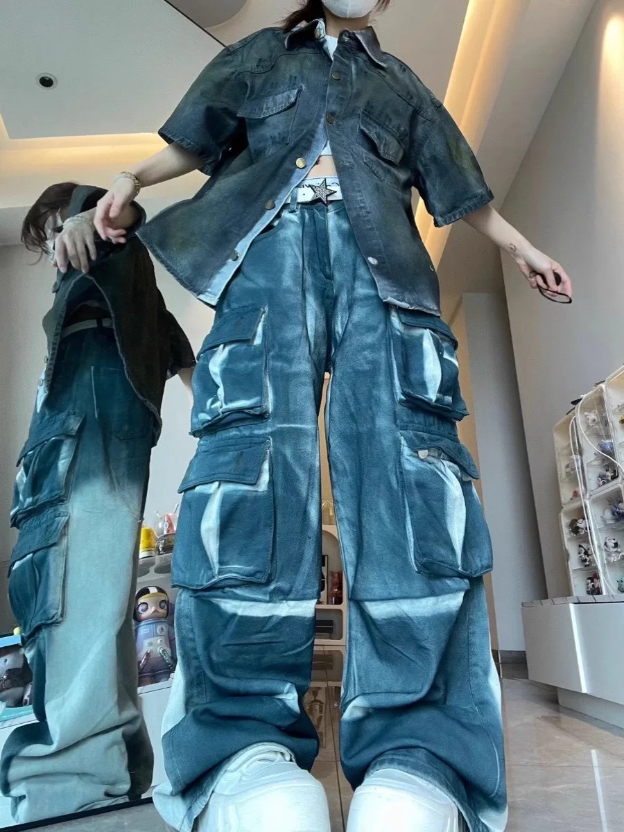 

Свободные широкие брюки для спецодежды, мужские джинсы с обычным красителем и чернилами, повседневные длинные брюки Street Sle Multi ket