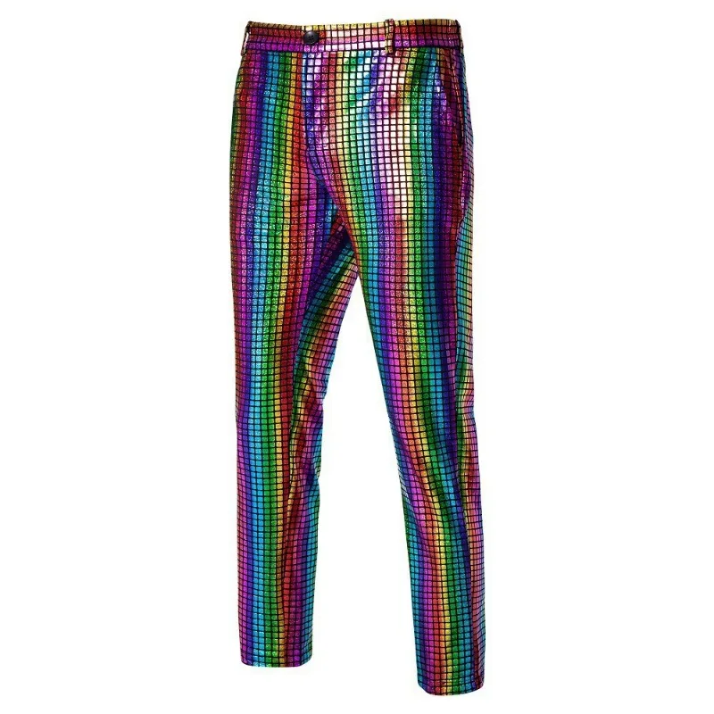 Mens Holographic Grid Sequin Pants Party Nightclub Hip Hop Casual Trousers