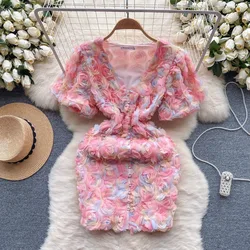Chic Elegant Single Breasted Three-dimensional Flower Short Sleeve Bodycon Dress Fashion Vestido Slim Autumn Winter Mini Dress