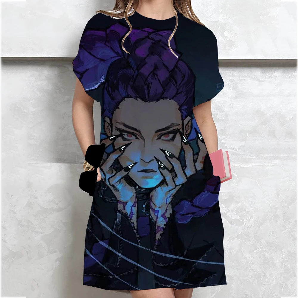 فستان Kpop Demon Hunters Huntrix فستان نسائي فضفاض غير رسمي برقبة دائرية وأكمام قصيرة فستان قصير فضفاض أنيق لحفلات الشاطئ والعطلات