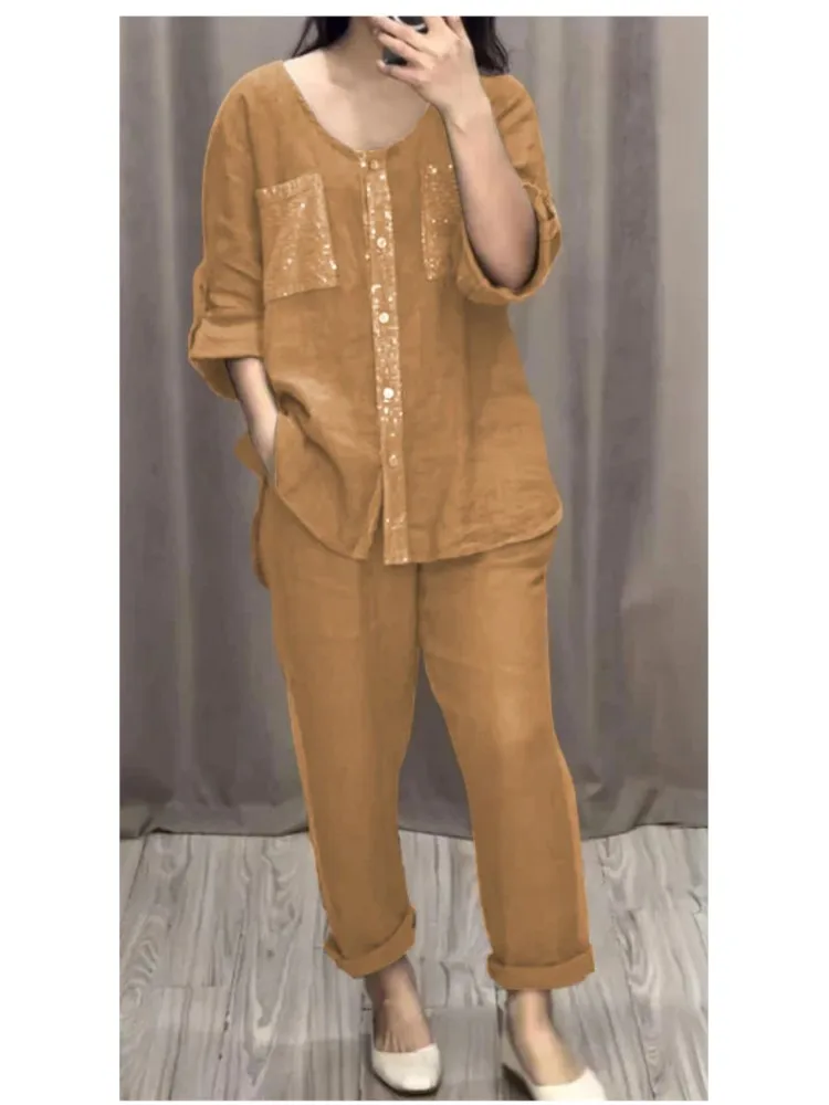 

Spring Autumn Fashion Pocket Sequin Sets For Women Single Breasted Half-sleeved Top & Pants Outfit Crew Neck Casual 2 Piece Set