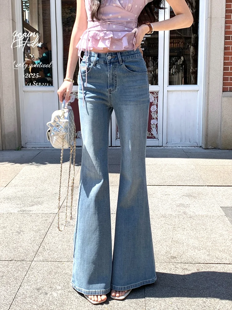 

High Waist Wide Leg Blue Jeans Women's Summer Slimming Trousers Casual Style Zipper Fly Long Pants Slim Fit Bell Bottoms