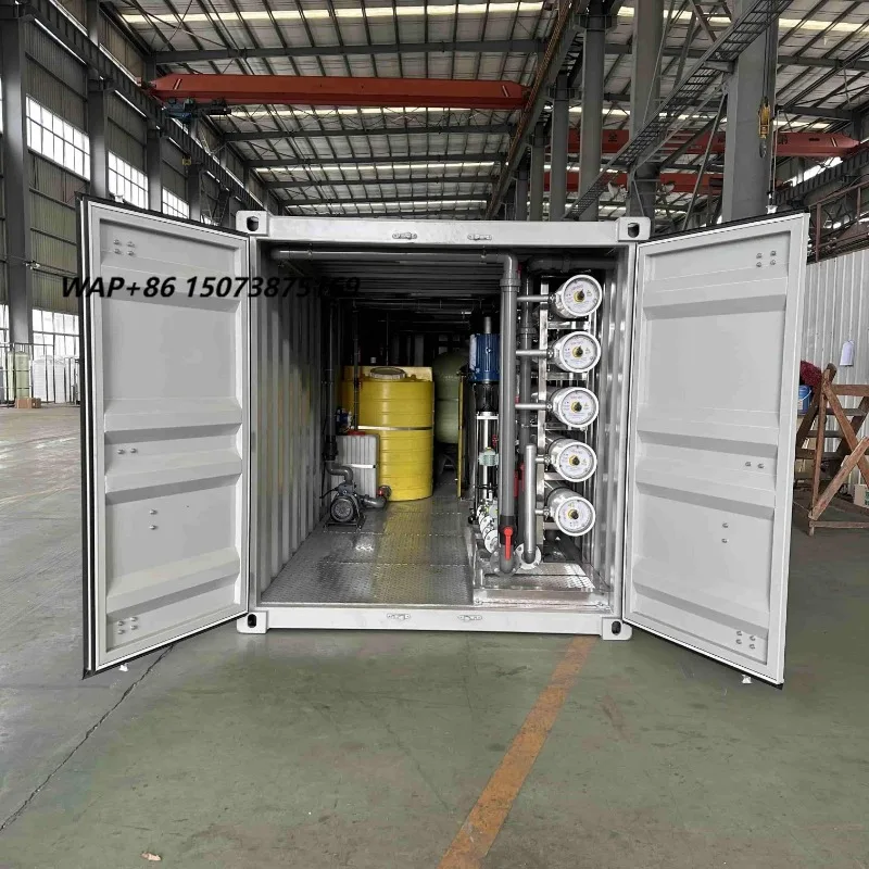 100m3/H Sea Water Treatment Unit Mobile Container Desalination System PLC Controlled Pump Motor 8040 RO Membrane FRP Filter Tank