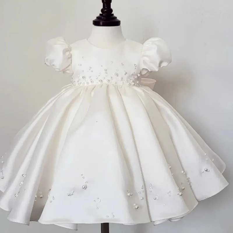 Infant Cute White Princess Dress Baby Girls Birthday Party Elegant Beading Dresses Christmas Prom Children Classic Ball Gowns