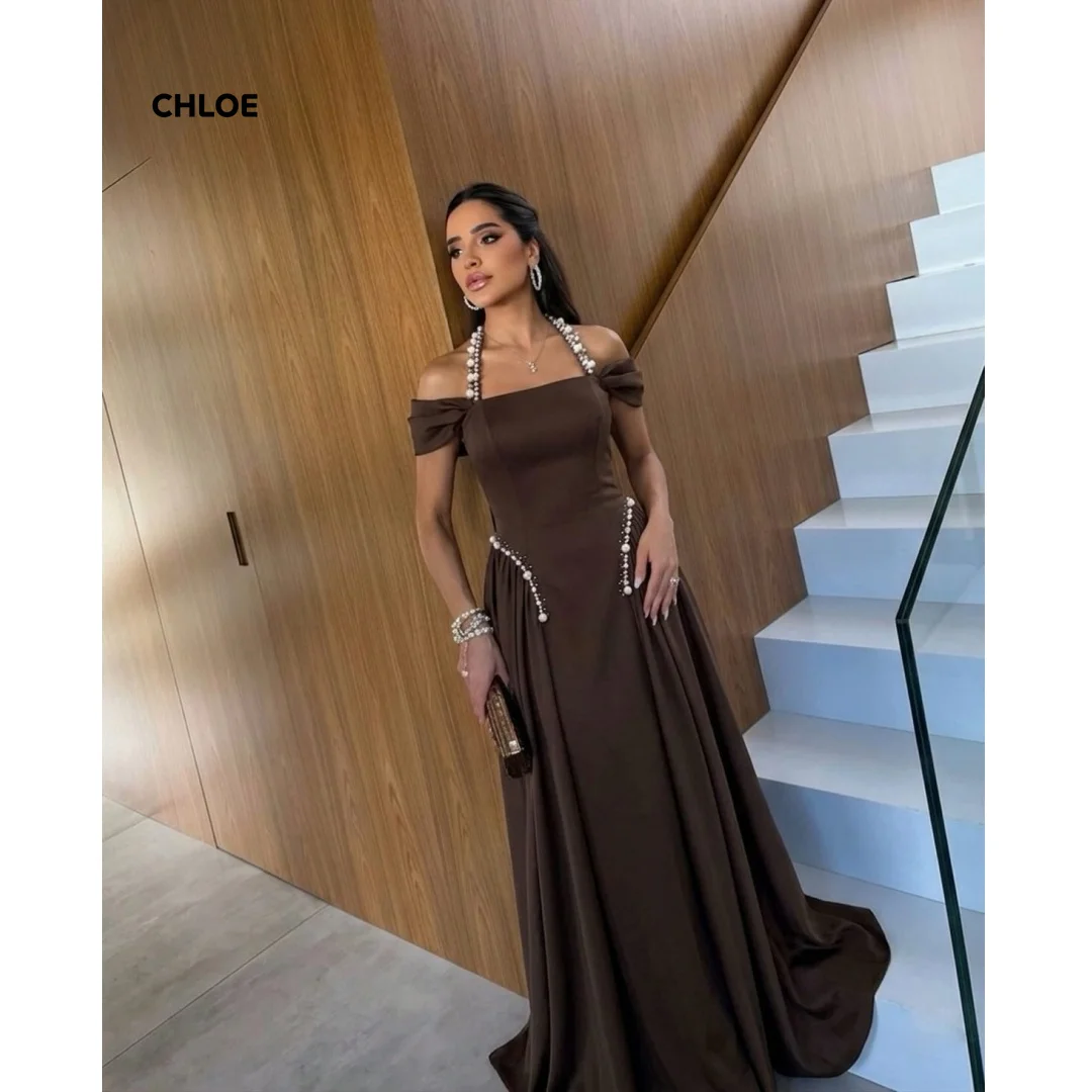 

Off the Shoulders Women's Evening Dress for Elegant Party Dresses Line A Customized Brown Satin Special Occasion Dresses Wedding