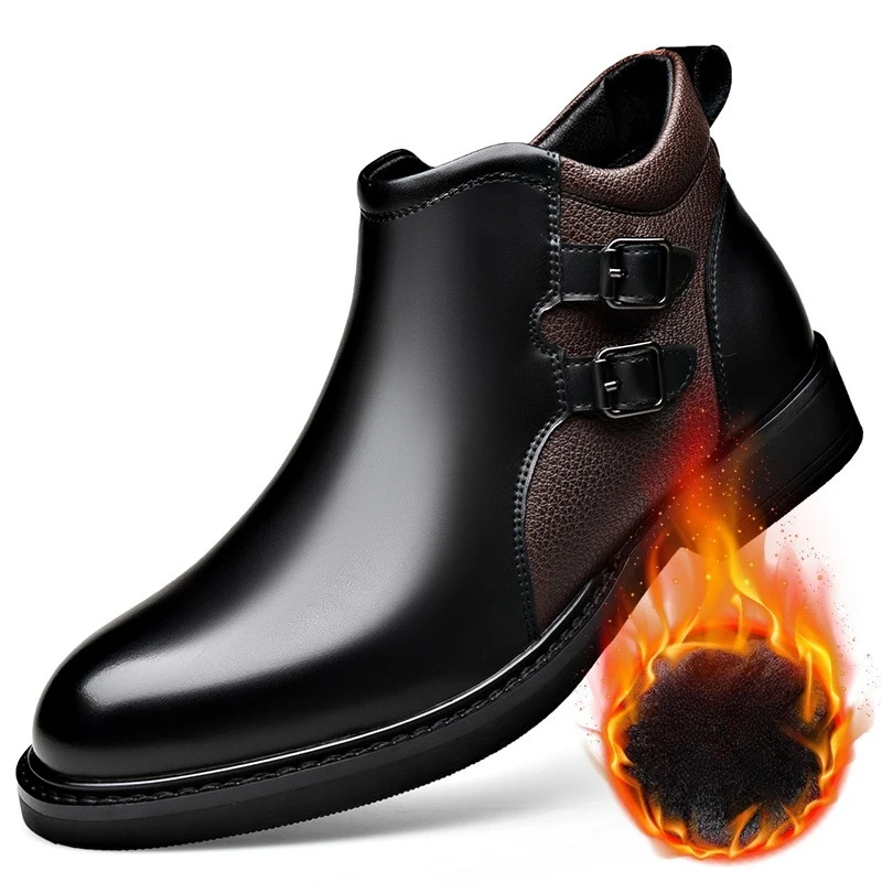 Vintage Men's Leather Boots High-top Business Casual Shoes Autumn Winter Plus Velvet Warm Men Chelsea Boots Fashion Buckle