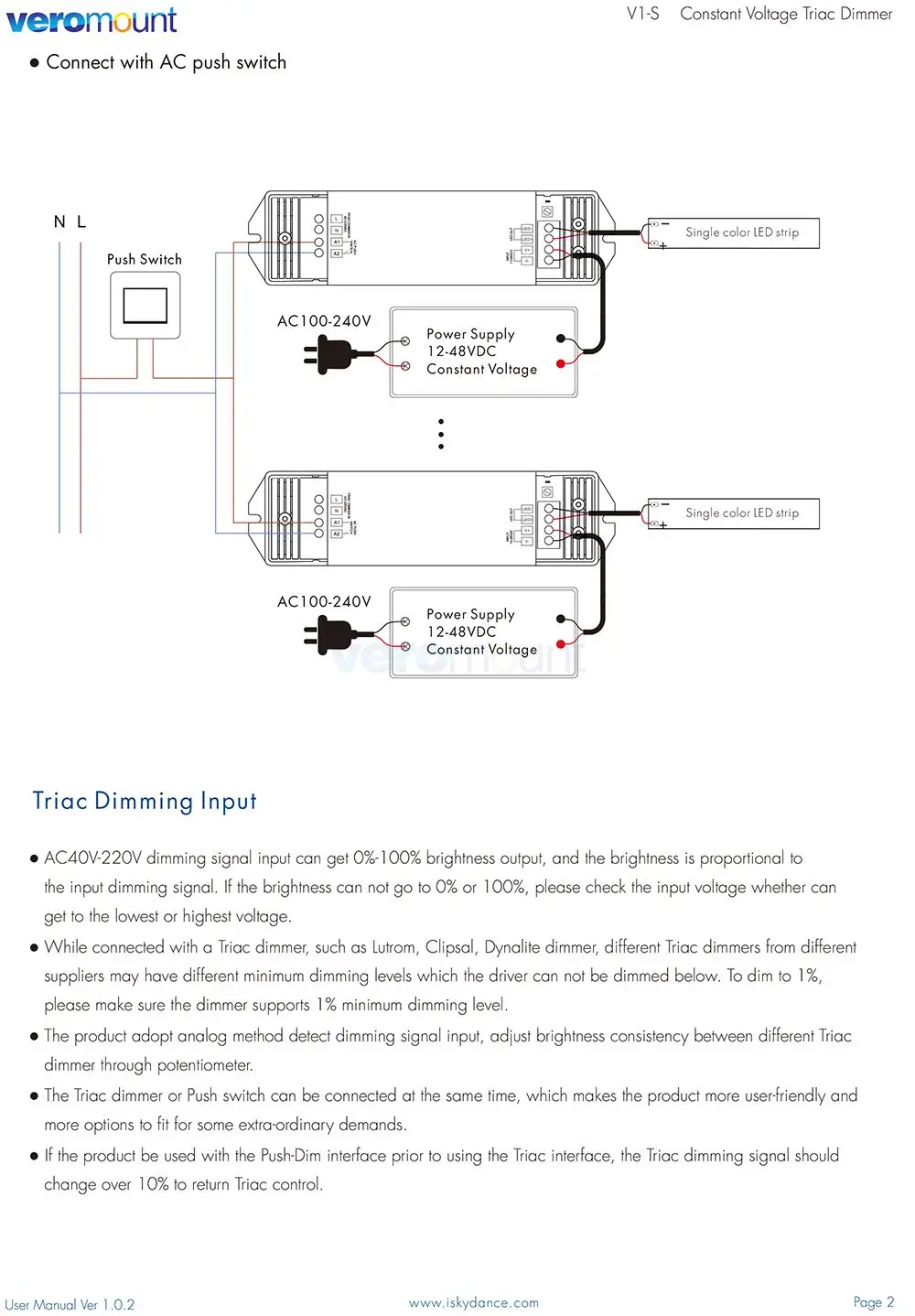 Skydance V1-S Triac Dimmer 12V 24V 36V 48V DC Tensione Costante AC40V-220V Push-Dim CV Triac LED Dimmer 1CH 15A per Luce LED