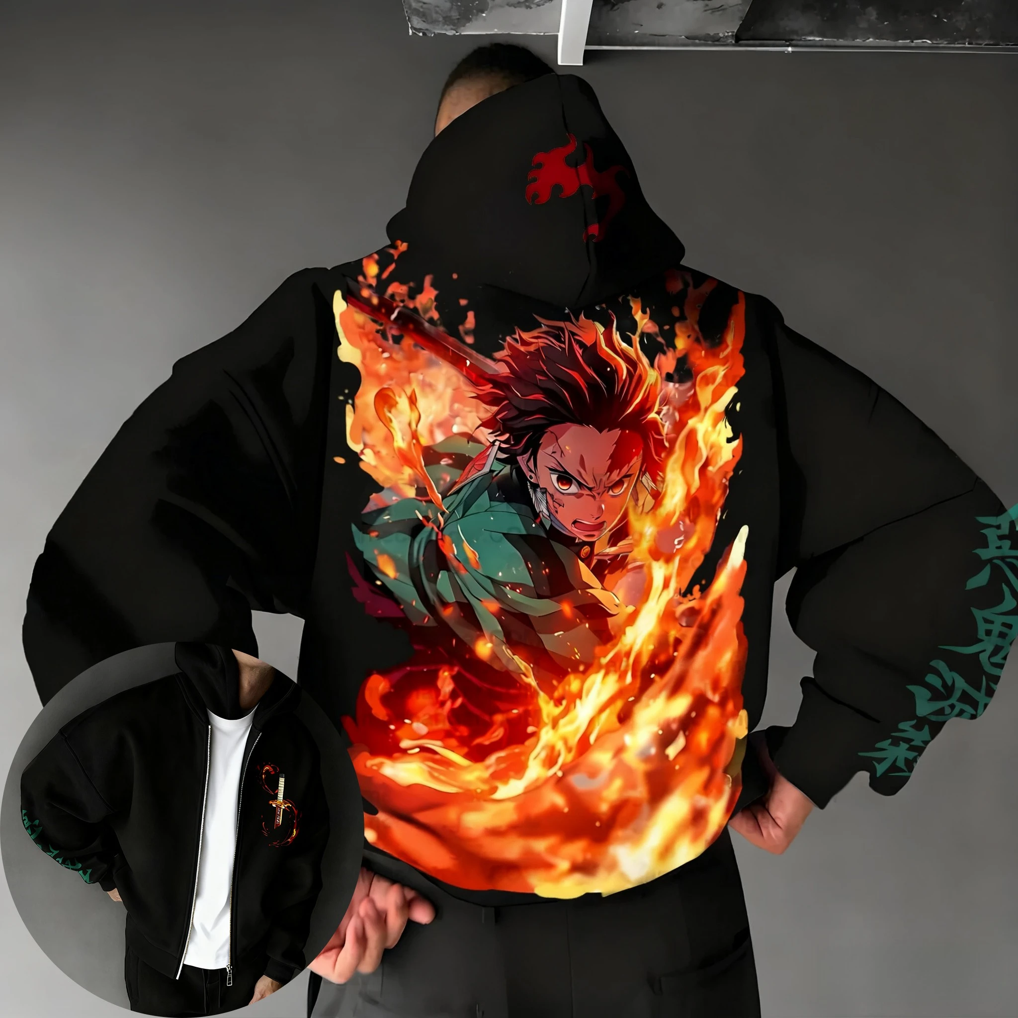 Bluza z kapturem Demon Slayer 2025 Jesień/Zima Nowa Męska Kamado Tanjirou Anime Nadruk Street Hip Hop Trend Y2K Casual Luźna