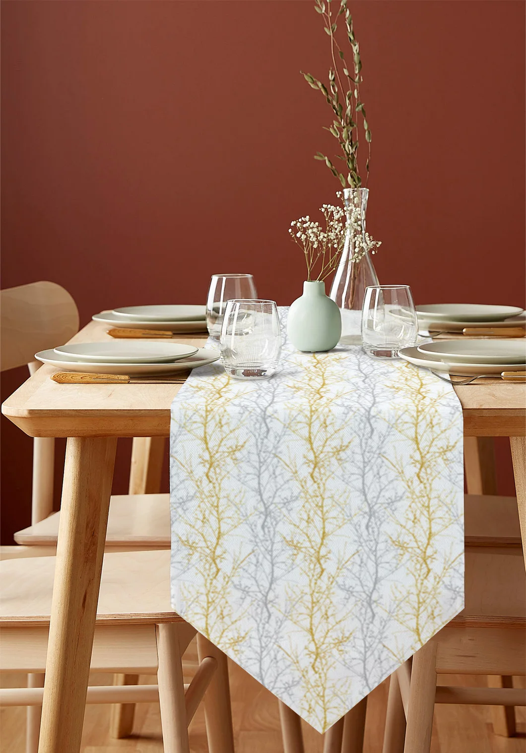 Branch Gradient Simple Wind Grey Gold Modern Home Kitchen Dining Tablecloths Wedding Party Table Decoration Table Runner