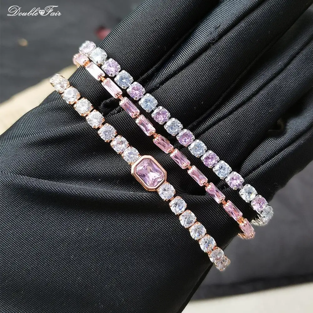 Romantic Pink Crystal Tennis Bracelets for Female Women Trend Shiny Zirconia Adjustable Folding Buckle Chain on Hand Jewelry