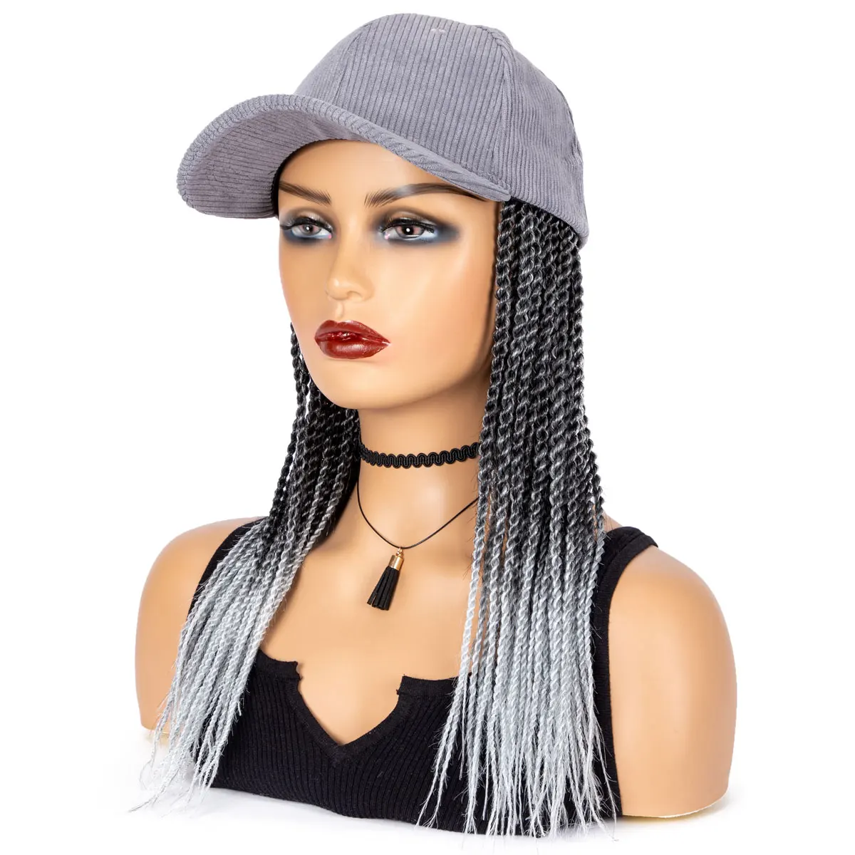 Cuz Of Hair-Extensions de Cheveux avec Casquette de Baseball pour Femme Noire, Tresses Sénégalaises, Noir, Argent, Gris, 14 Pouces