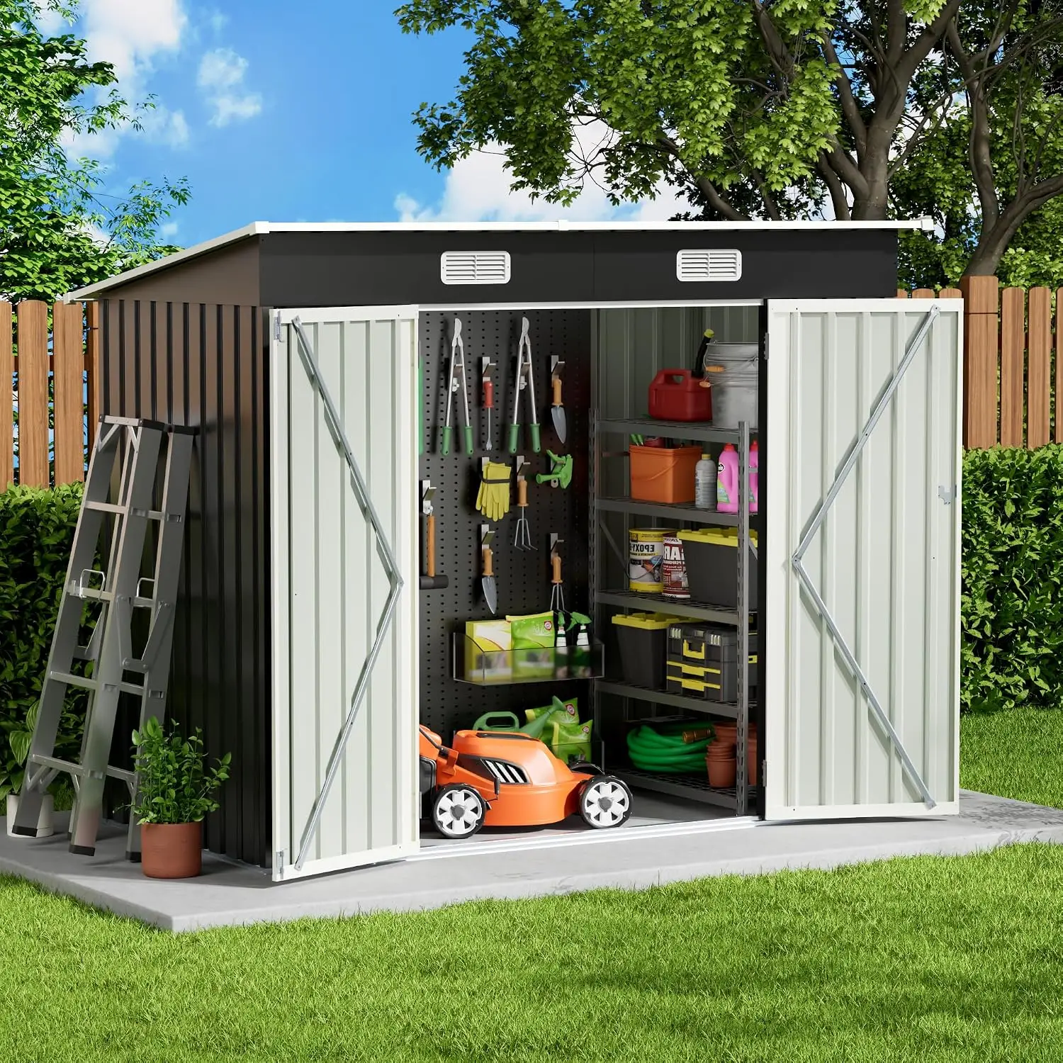 8x4 FT Metal Storage Shed with Sloping Roof & Lockable Door for Bicycle Tool in Patio Lawn Garden Backyard, Customized